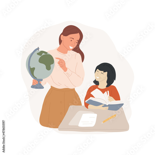 Social studies tutor isolated cartoon vector illustration. Academic coaching, tutor explaining history, teacher showing student on the globe, social studies home-based tutoring cartoon vector.