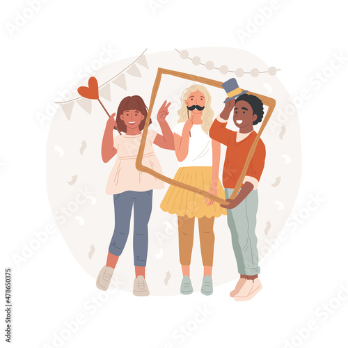 Photo booth isolated cartoon vector illustration. School festival activity zone, photo booth props, kids making fun pictures with paper mustaches, cardboard frame, outdoor fair cartoon vector.