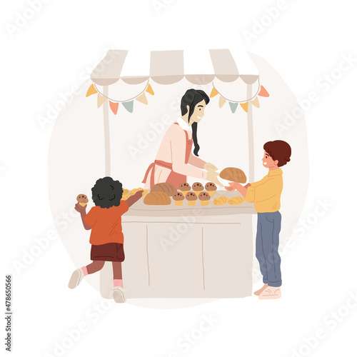 Cake stall isolated cartoon vector illustration. Woman selling cupcakes and muffins, homemade cake stall, sweets, school festival activity, price labels, fair food market cartoon vector.