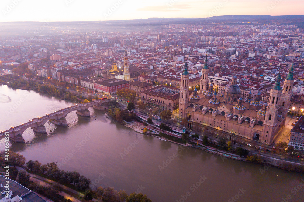 Fototapeta premium City Zaragoza on dawn. Aerial view. Spain