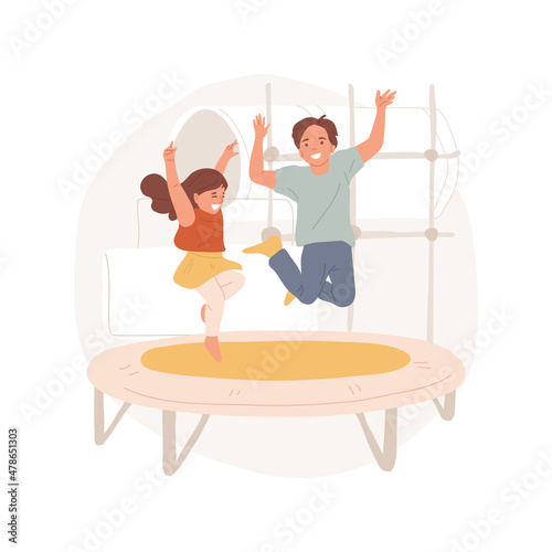 Trampoline isolated cartoon vector illustration. Indoor playground equipment, small trampoline in room, kids jumping up, family leisure time, children gymnastics, entertainment cartoon vector.