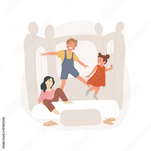 Bounce house isolated cartoon vector illustration. Bounce castle, kids jumping in inflated house, indoor playground, children party activity, bouncing walls, family leisure time cartoon vector.