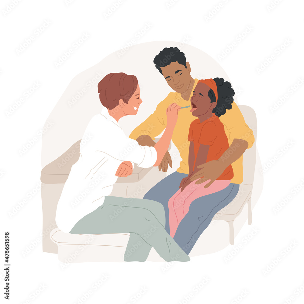 Sore throat isolated cartoon vector illustration. Visiting a family doctor, sore throat check with a stick, child opening mouth, sick toddler, physician consultation, angina cartoon vector. Sore throat isolated cartoon vector illustration. Visiting a family doctor, sore throat check with a stick, child opening mouth, sick toddler, physician consultation, angina cartoon vector.