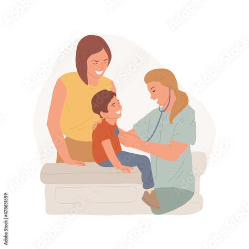 Doctor examination isolated cartoon vector illustration. Physical examination, doctor with stethoscope, family physician, visiting a clinic, child health, medical diagnostics cartoon vector.