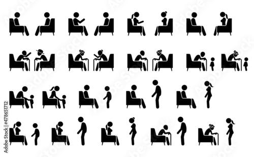 People sitting on a sofa or chair talking and facing each other. Vector illustrations pictogram of stick figure man, woman, elderly, and young child talking face to face with one another.