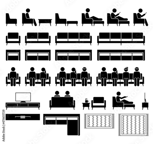 Sofa couch seating chair seater with people sitting. Vector illustrations icons pictogram of man and woman sitting on sofa and chair with footstool, coffee table, tv cabinet rack, and carpet rug.