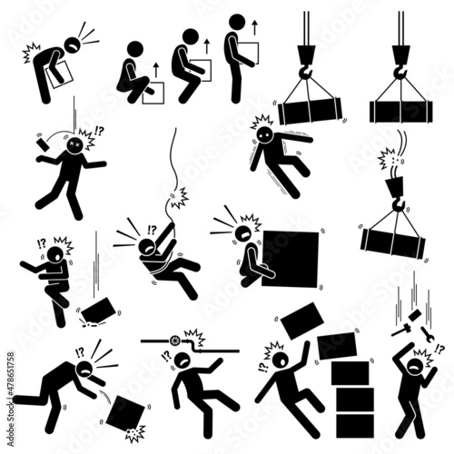 Warning sign, danger risk symbol, and safety precaution at workplace. Vector illustrations pictogram of manual handling, dangerous object things falling from above and dropping boxes hazard.