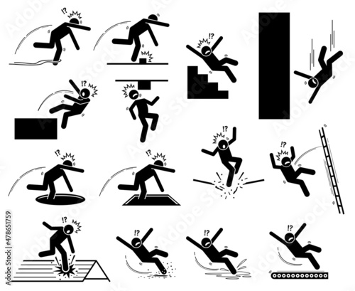 Warning sign, danger risk symbol, and safety precaution at workplace. Vector illustrations pictogram of entangle, slip, trip, fell down, hole, staircase, slippery, fragile roof, and moving floor.