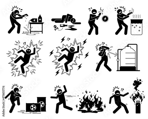 Warning sign, danger risk symbol, and safety precaution at workplace. Vector illustration pictogram of corrosive acid, poison, electrostatic, high voltage electricity, hot water, fire, and flammable.
