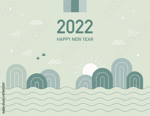Sea and mountains in Asian traditional design. Korean traditional Lunar New Year's card template. flat design style vector illustration.