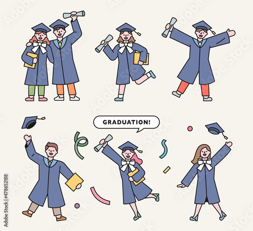 Graduates characters wearing graduation gowns. Doing an exciting pose. flat design style vector illustration.