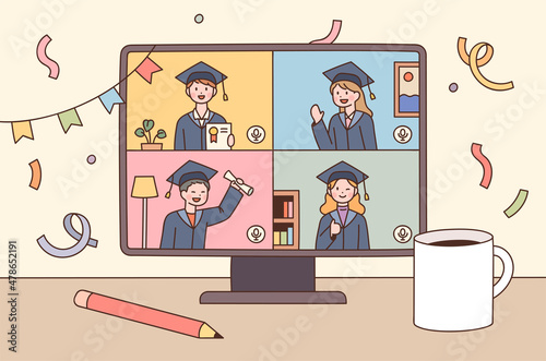 People in graduation gowns are congratulating on the monitor. People are having their graduation ceremonies online in a virus-distancing society. flat design style vector illustration.