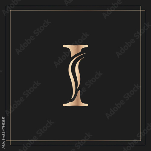 Elegant letter I Graceful Royal Calligraphic Beautiful Logo. Vintage Gold Drawn Emblem for Book Design, Brand Name, Business Card, Restaurant, Boutique, or Hotel