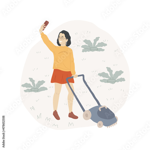 Lawn mowing isolated cartoon vector illustration. Attractive girl taking selfie when moving lawn in backyard, teenager first job, gardening work time, summer chores cartoon vector.