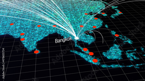 Global connectivity from Bangkok, Thailand to other major cities around the world. World map element of this clip furnished by NASA : https://visibleearth.nasa.gov/collection/1484/blue-marble
