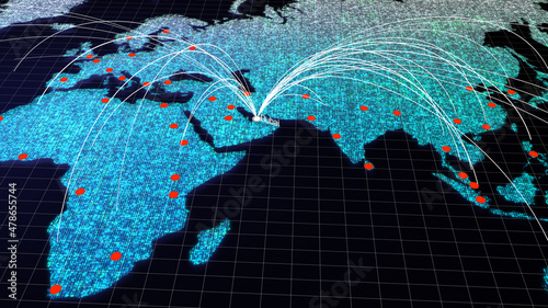 Global connectivity from Dubai to other major cities around the world. World map element furnished by NASA : https://visibleearth.nasa.gov/collection/1484/blue-marble photo