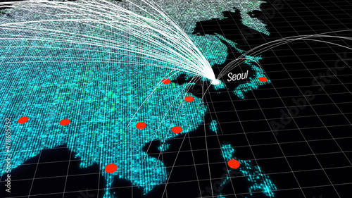 Fototapeta Naklejka Na Ścianę i Meble -  Global connectivity from Seoul, South Korea to other major cities around the world. World map element of this clip furnished by NASA : https://visibleearth.nasa.gov/collection/1484/blue-marble