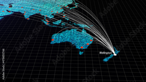 Global connectivity from Wellington, New Zealand to other major cities around the world. World map element furnished by NASA
https://visibleearth.nasa.gov/collection/1484/blue-marble
https://vis photo