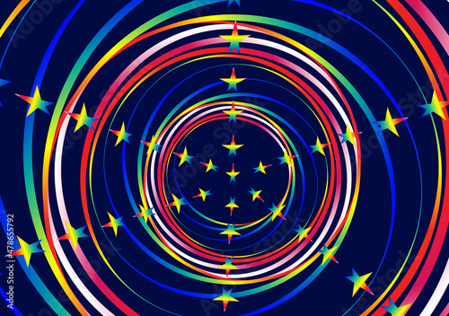 Colored stars and spiral lines onblue background