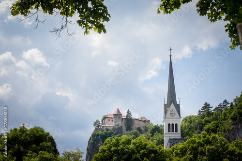 Panorama of Blejski Hrad and the Saint Martin church, or Cerkev Svetog Martina during a sunny afternoon. Bled Castle is a major monument of Slovenia..... © Jerome