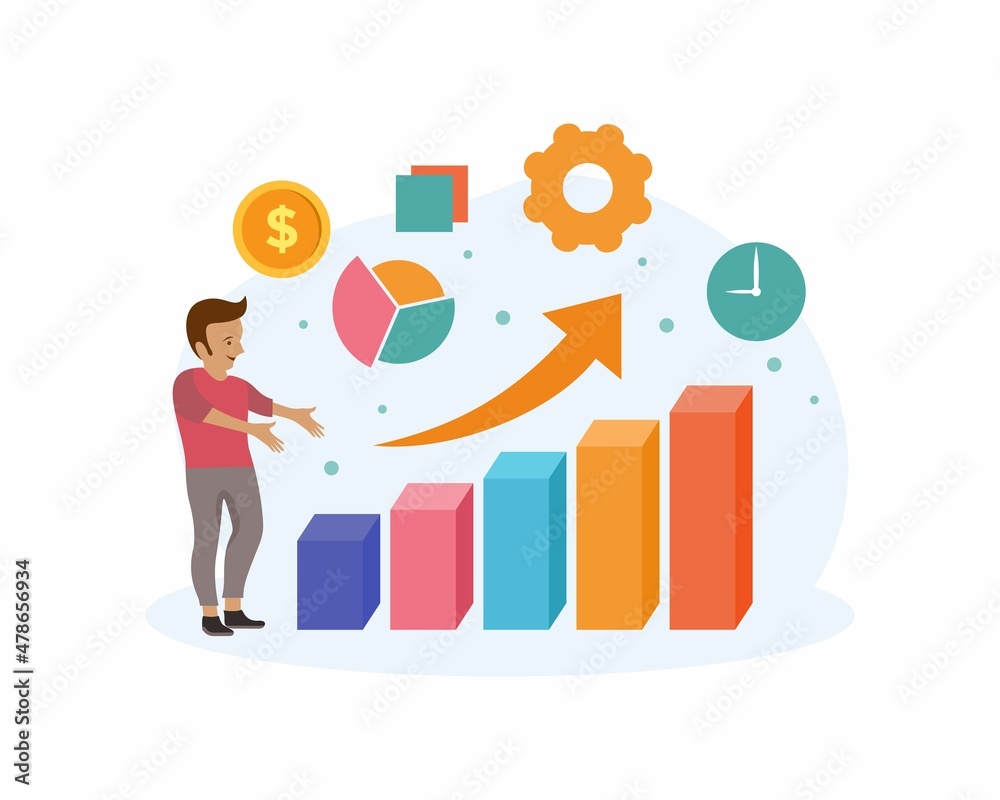 Vector flat style illustration of happy businessman showing infographic of business growth Vector flat style illustration of happy businessman showing infographic of business growth