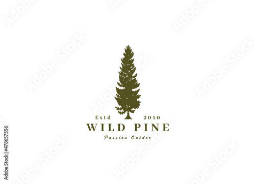 Rustic Retro Vintage cedar, cypress, larch, spruce, pine, pinus, evergreen, coniferous, conifer, fir, hemlock trees logo design photo
