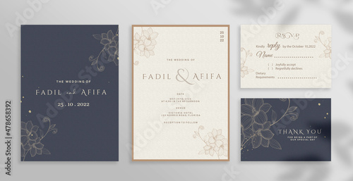 Minimalist Elegant Wedding Invitation Set with Blue Background