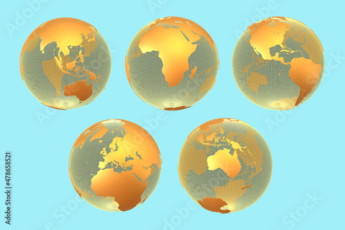 3-D rendered illustration of stylized gold planet earth showing maps of major continents on gold wire frame.