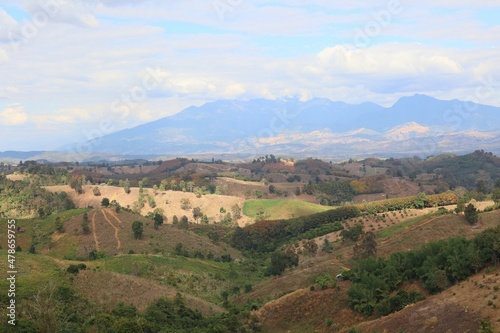 Free space overlooking the forest and mountains. Beautiful sky background.