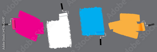 Roller paints the wall. Pink, white, blue, orange paints. Colored sign. Dark backdrop. Vector illustration. Stock image. 