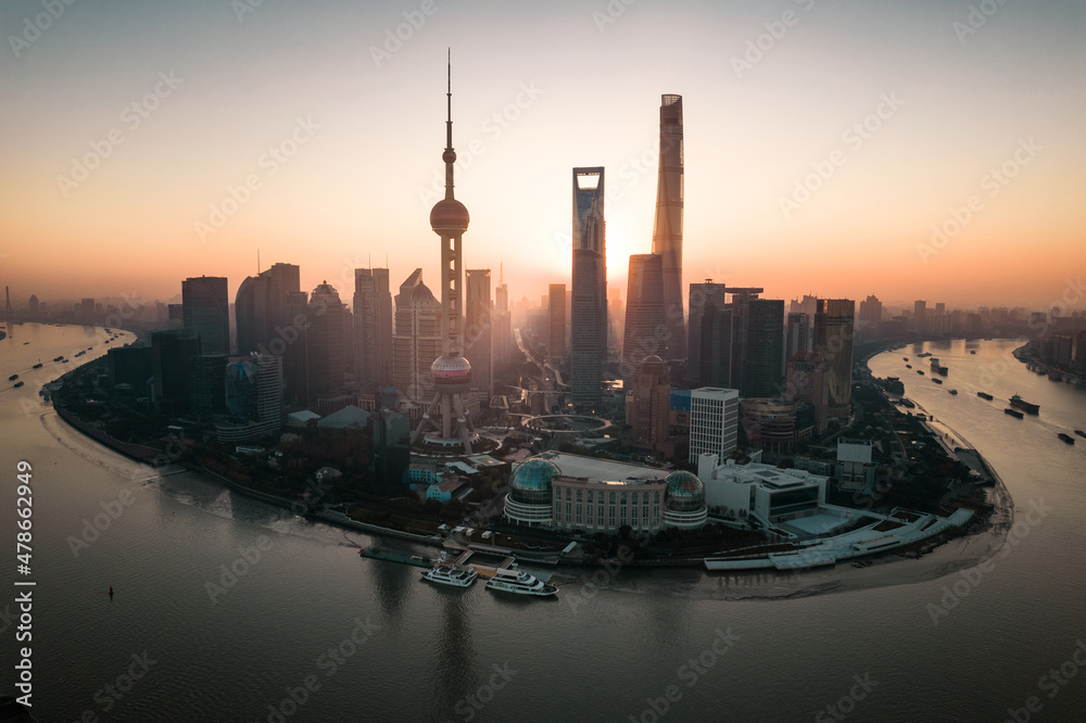 Aerial view of the skyscrapers in Lujiazui, the financial district in Shanghai, China, at sunrise.