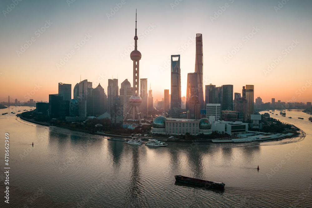Aerial view of the skyscrapers in Lujiazui, the financial district in Shanghai, China, at sunrise.