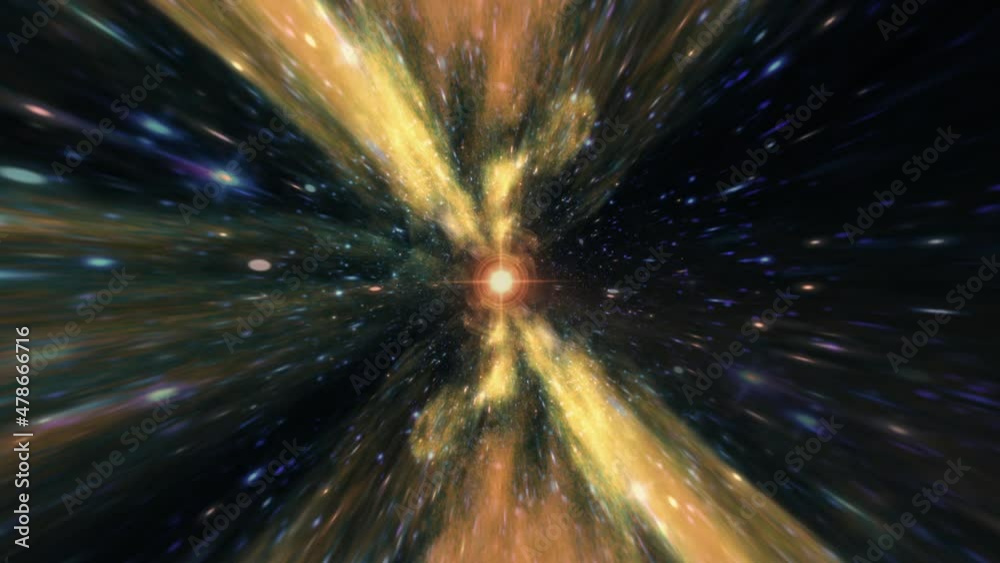 Flying star fields, many particles through hyper space warp orange green blue tunnel with center flare light. 4K 3D Abstract visualizer seamless loop of flying Particles in tunnel. 
