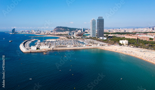 Aerial view of docked yachts in port. Barcelona. Spain