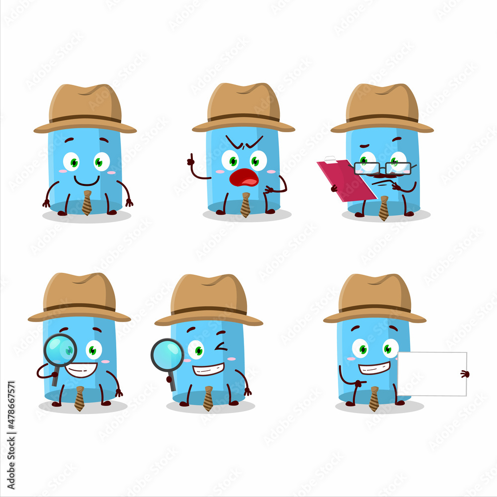 Detective blue chalk cute cartoon character holding magnifying glass Detective blue chalk cute cartoon character holding magnifying glass