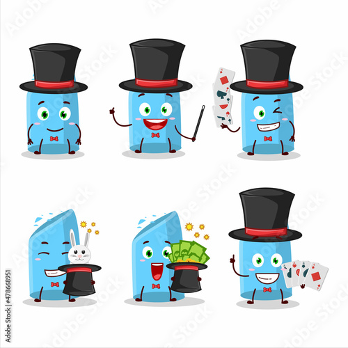 A blue chalk Magician cartoon character perform on a stage