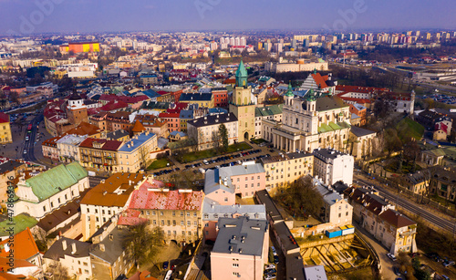 Aerial view of Lublin cityscape overlooking Catholic Archcathedral and Trinitarian Tower in spring day, Poland