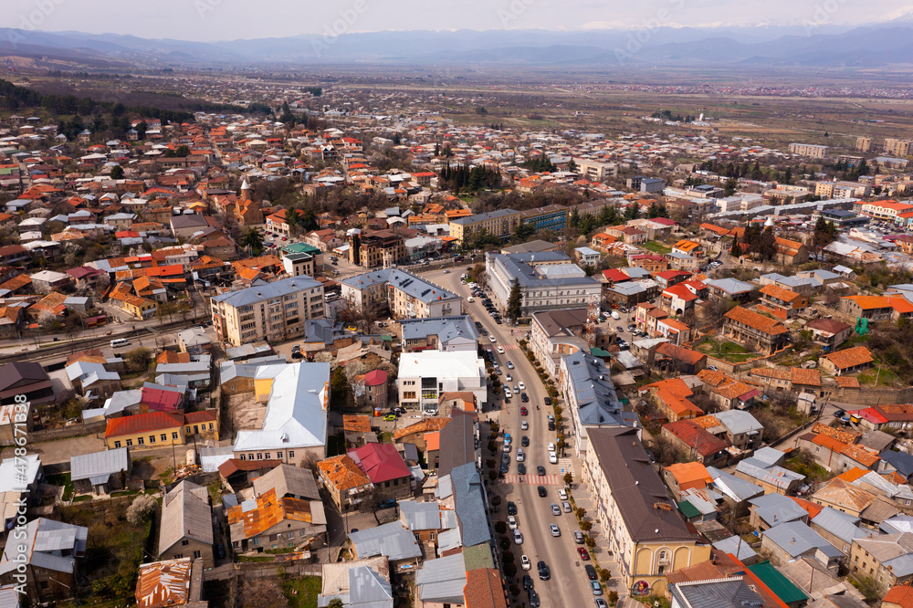 View from drone of houses of georgian Telavi city