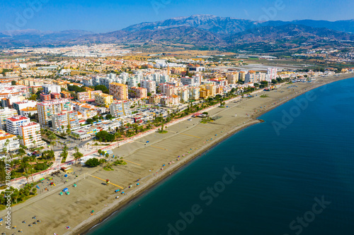 Picturesque summer view from drone of coastal Mediterranean town of Torre del Mar  Andalusia  Spain..