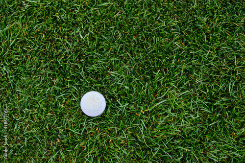 Lush green golf course grass in the rough, with a white golf ball ready to play 