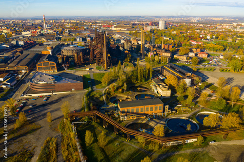 Aerial view of abandoned Vitkovice steel mill in Ostrava, Moravian-Silesian Region, Czech Republic. Industrial background