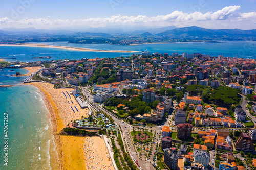 Scenic view from drone of coastal Spanish town of Santander on sunny summer day, Cantabria