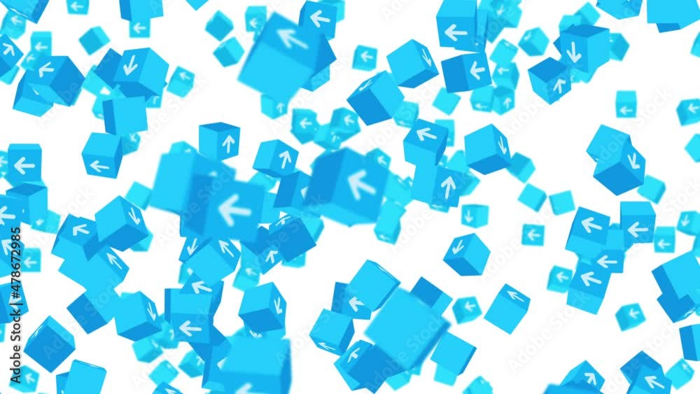 Many blue cubes with arrow floating on white background. Business concept. Challenge. Point to goal. Loop animation. Many blue cubes with arrow floating on white background. Business concept. Challenge. Point to goal. Loop animation.