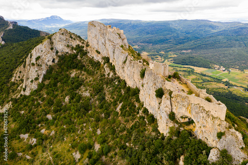 Aerial view of historic Castle ruin Peyrepertuse in the Aude in France photo