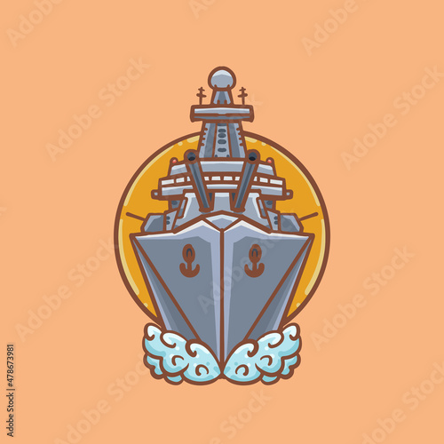 Hand drawn cartoon illustration design of warship ship