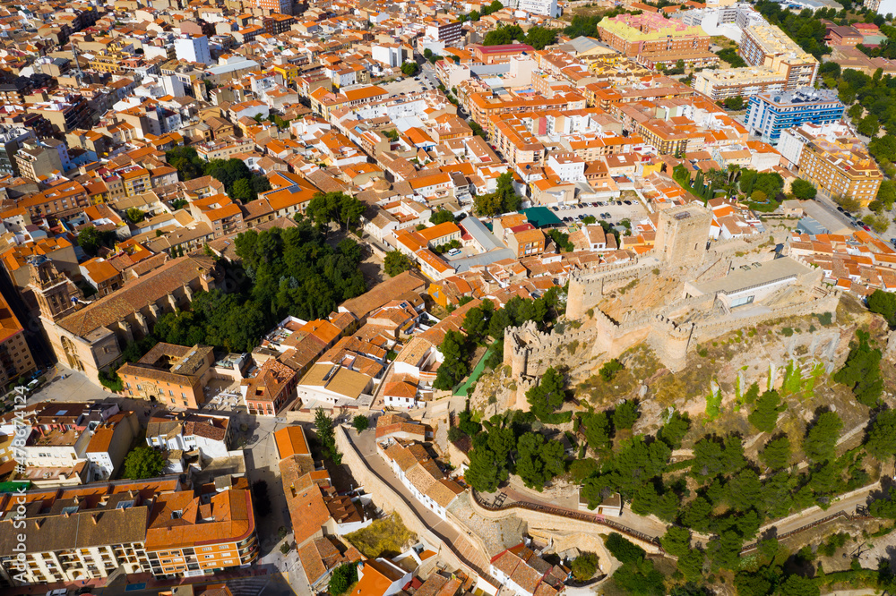Fly over the Almansa castle. City of Almansa. Spain