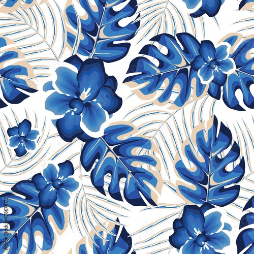 Trend abstract seamless pattern with colorful tropical leaves and blue plants on white background. Vector design. Jungle print. Floral background. fashionable print texture. Exotic tropics. Summer 