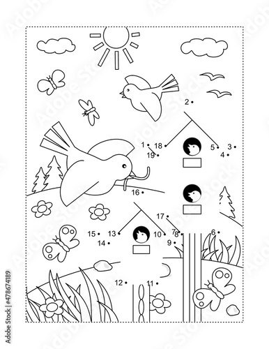 Spring dot-to-dot picture puzzle and coloring page with birdhouses, birds and nestlings. Full-page, black and white, activity for kids.
