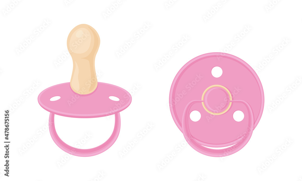 Baby pacifier nipples are pink. Baby nipples, side view and bottom view. Vector illustration isolated on a white background Baby pacifier nipples are pink. Baby nipples, side view and bottom view. Vector illustration isolated on a white background
