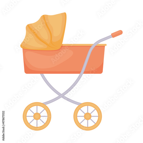 A cartoon-style baby stroller. Orange vintage baby carriage. Vector illustration isolated on a white background
